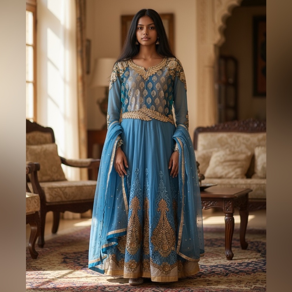 Indian Designer Light Blue Velvet Ombre & Net Anarkali - Picture 3 of 5